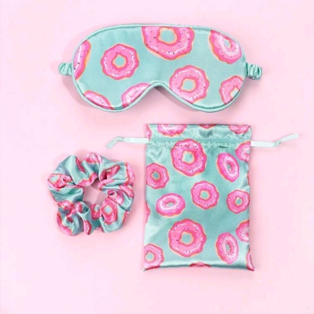Playful Donut Print Sleep Mask Scrunchie And Pouch Satin Accessory Set